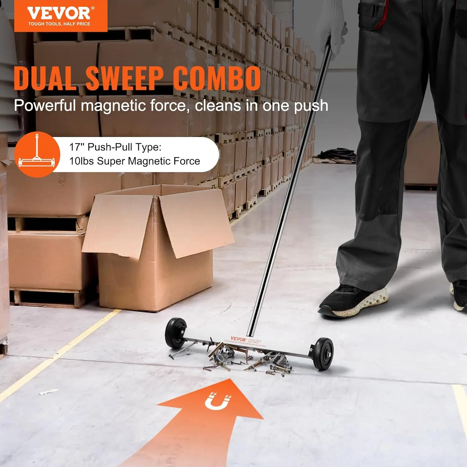 VEVOR Magnetic Pick Up Sweeper 17-inch Heavy Duty Magnet Pickup Lawn Sweeper Roofing Tools, 10 Lbs Yard Magnet with Telescoping Holder and Wheels to Pick Up Nails Magnetic Sweeper for Construction