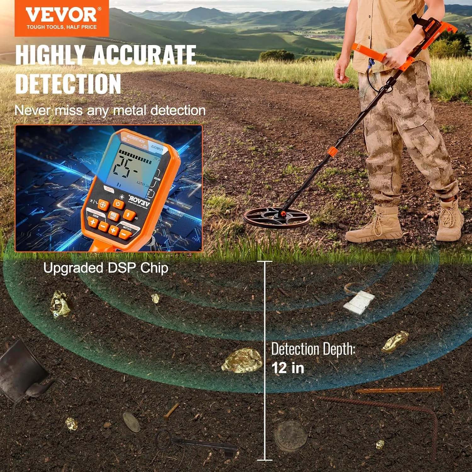 VEVOR Waterproof Metal Detector, 12" Coil, Professional Rechargeable Gold Detector, 39-50 in Adjustable with LCD 7 Modes Advanced DSP Chip Bluetooth Headset, IP68 for Detecting Gold Treasure Hunting