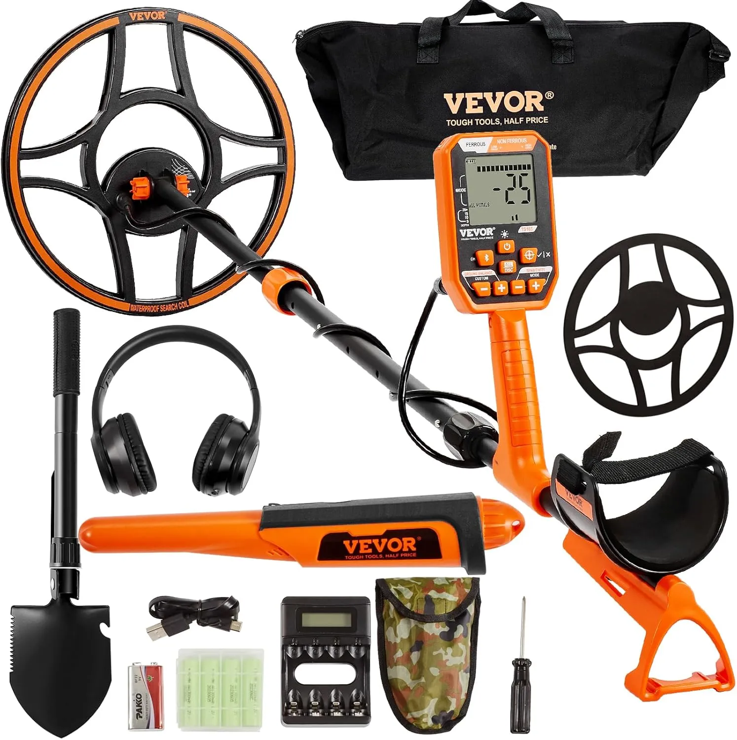 VEVOR Waterproof Metal Detector, 12" Coil, Professional Rechargeable Gold Detector, 39-50 in Adjustable with LCD 7 Modes Advanced DSP Chip Bluetooth Headset, IP68 for Detecting Gold Treasure Hunting