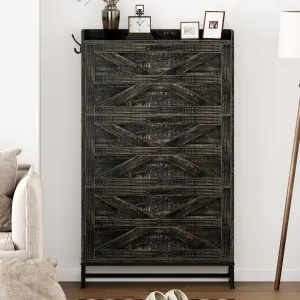 Vibe & Dine Farmhouse Shoe Storage Cabinet - Freestanding Narrow Shoe Rack with Metal Legs, Dark Rustic Oak