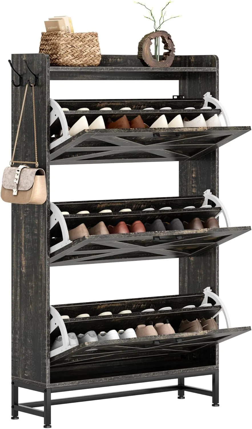 Vibe & Dine Farmhouse Shoe Storage Cabinet - Freestanding Narrow Shoe Rack with Metal Legs, Dark Rustic Oak