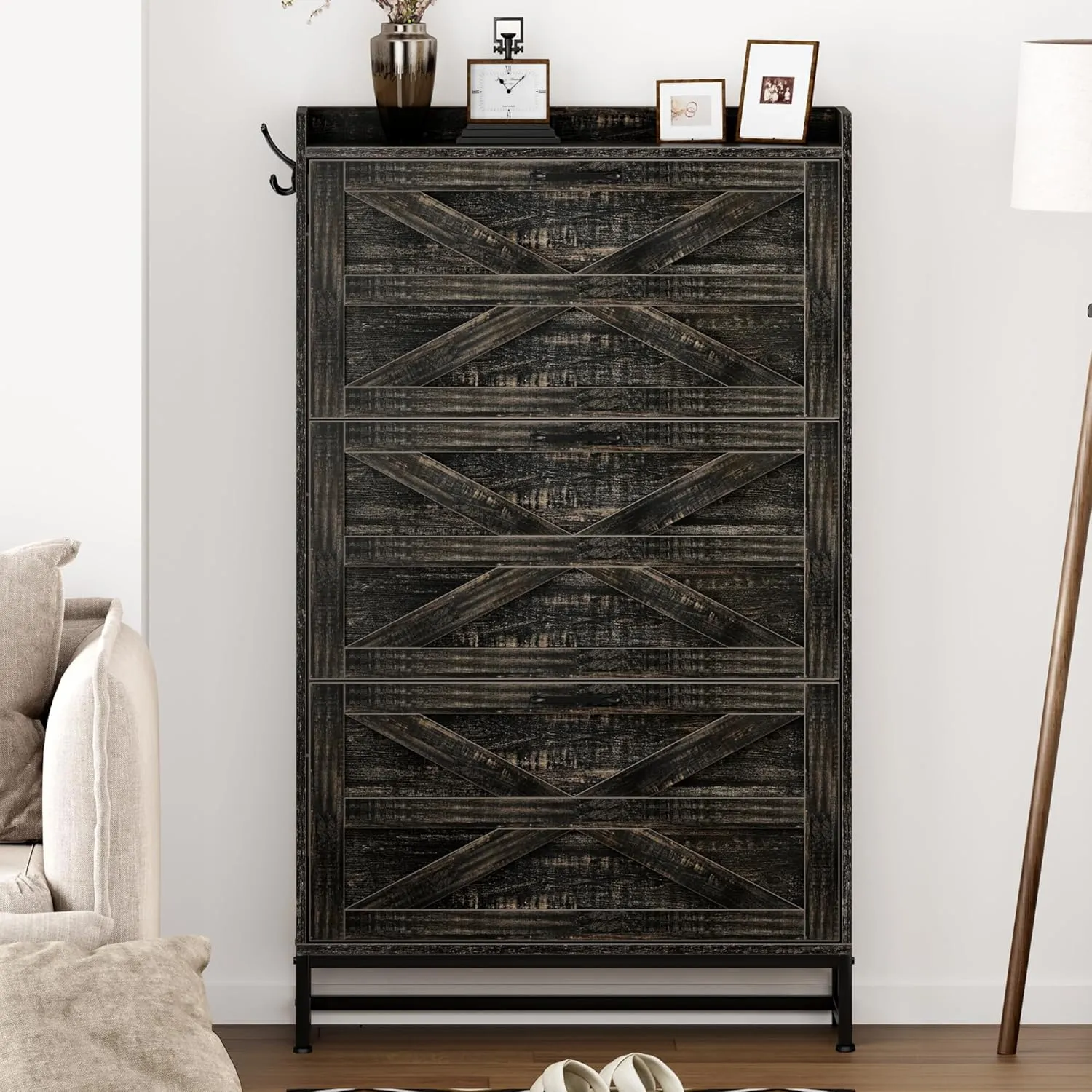 Vibe & Dine Farmhouse Shoe Storage Cabinet - Freestanding Narrow Shoe Rack with Metal Legs, Dark Rustic Oak