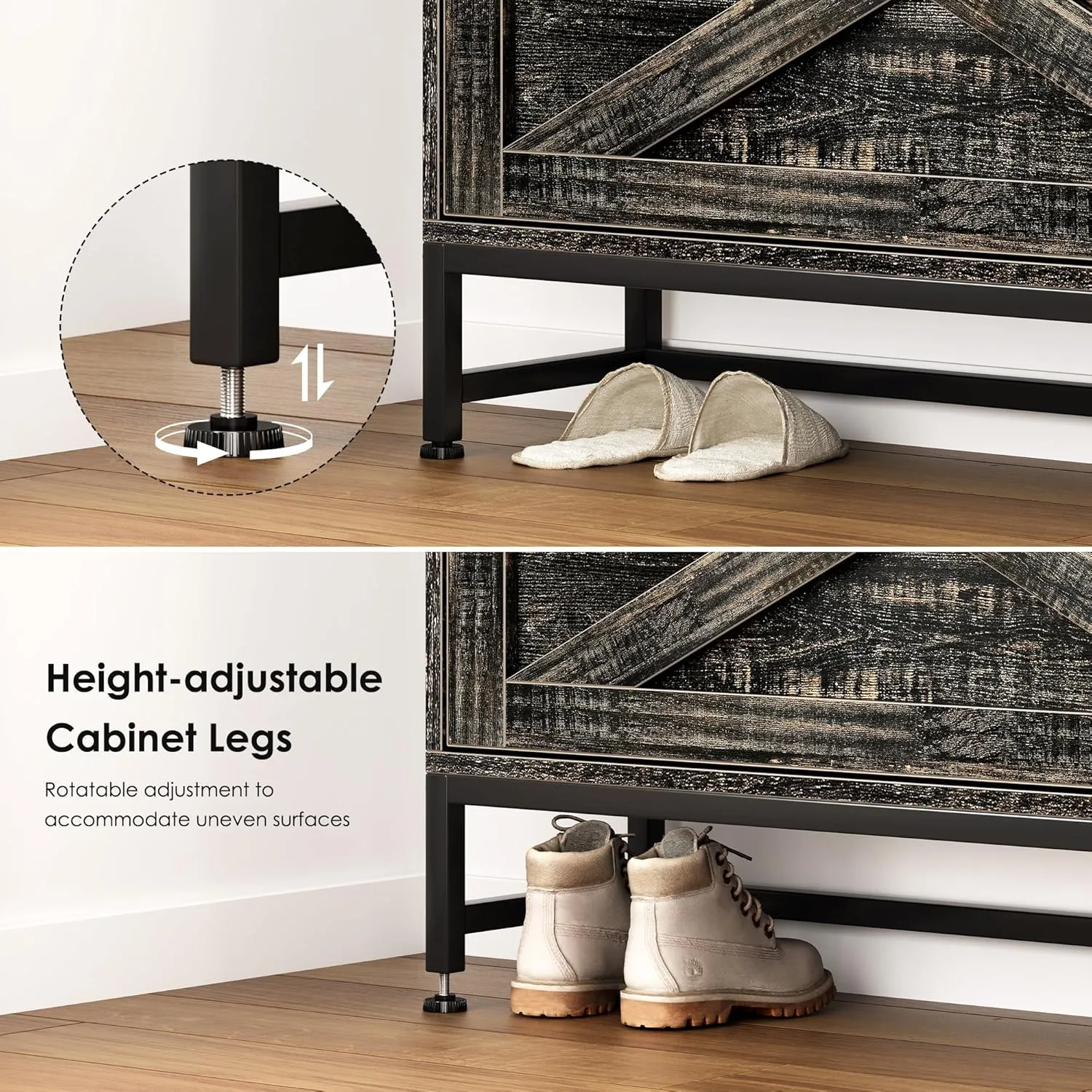 Vibe & Dine Farmhouse Shoe Storage Cabinet - Freestanding Narrow Shoe Rack with Metal Legs, Dark Rustic Oak