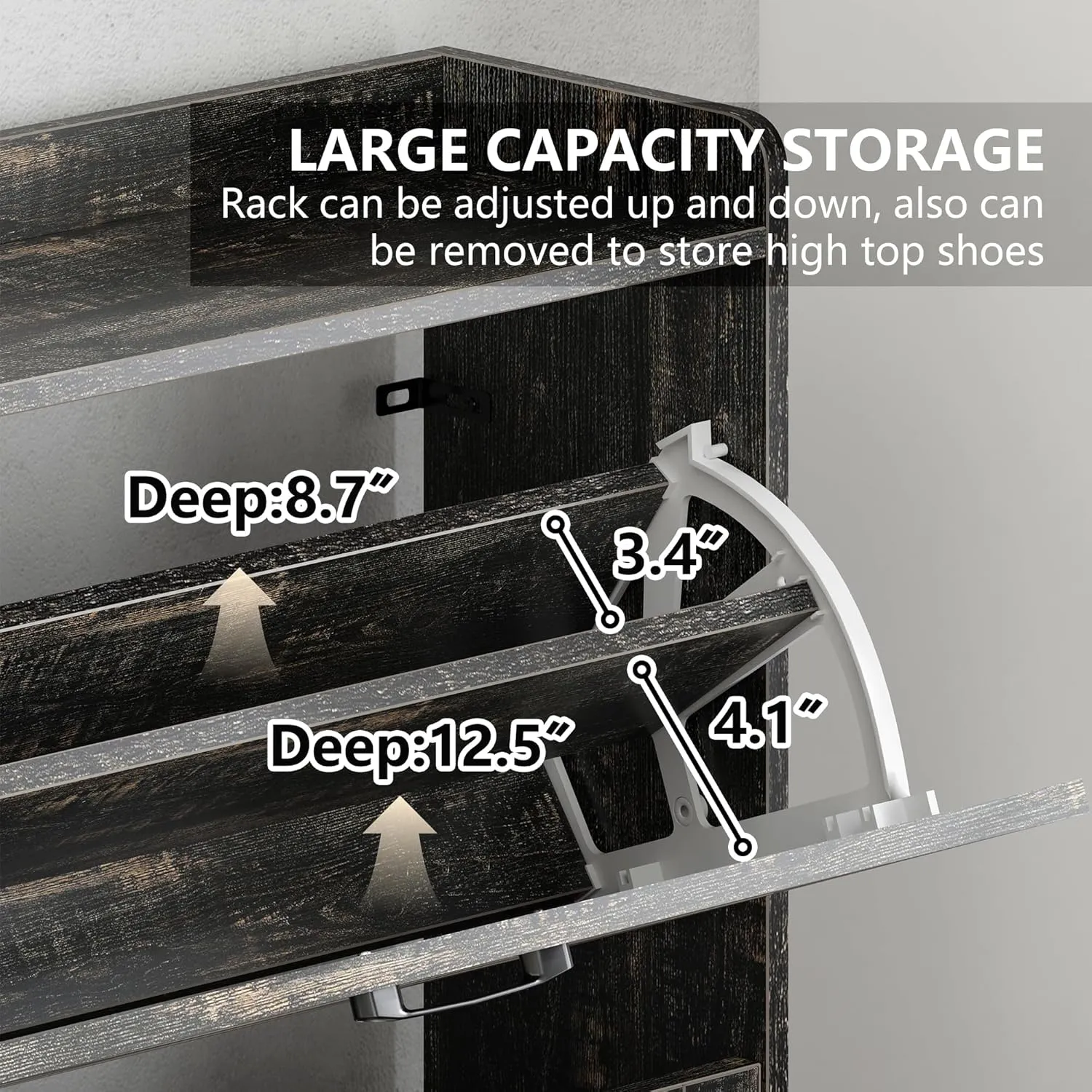 Vibe & Dine Farmhouse Shoe Storage Cabinet - Freestanding Narrow Shoe Rack with Metal Legs, Dark Rustic Oak