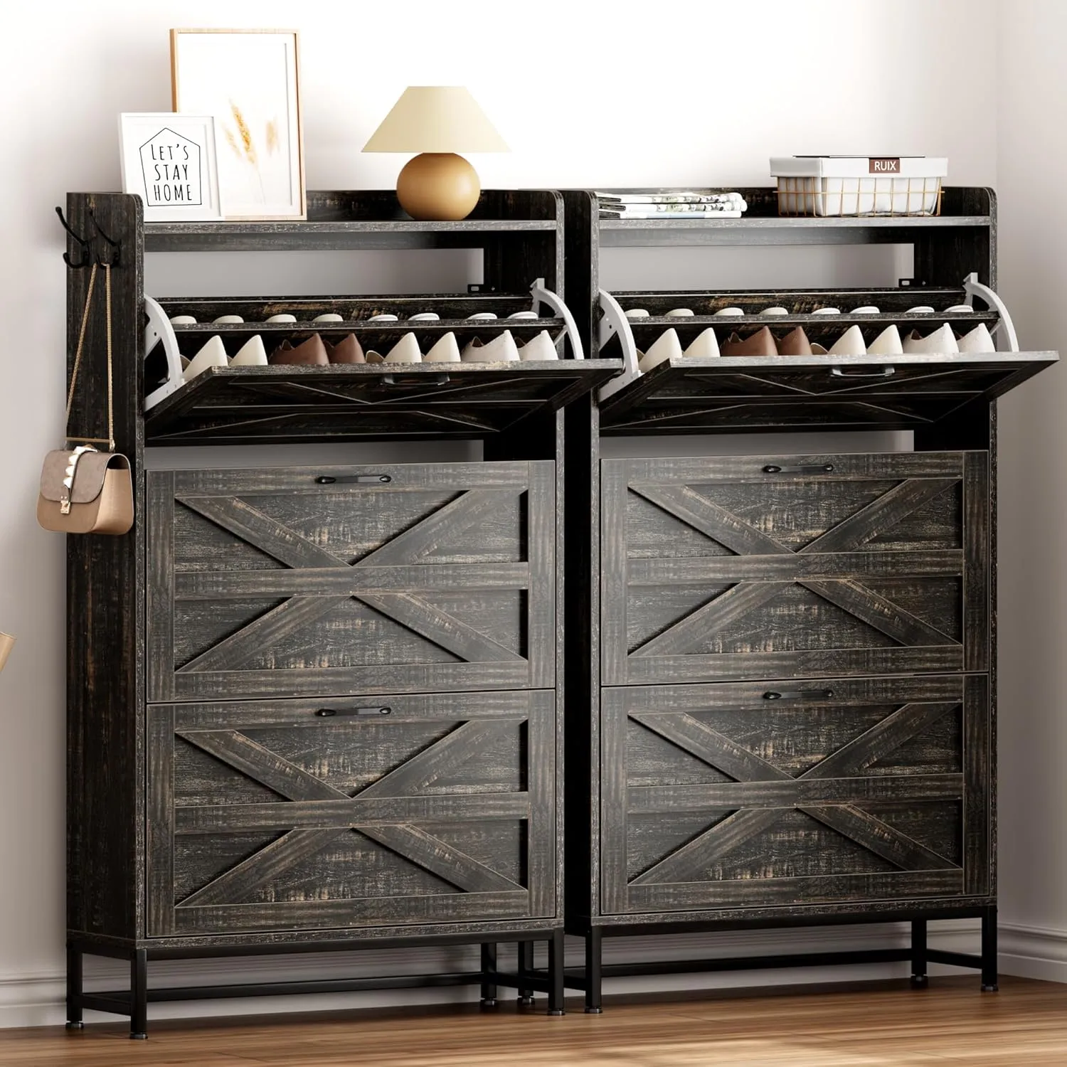 Vibe & Dine Farmhouse Shoe Storage Cabinet - Freestanding Narrow Shoe Rack with Metal Legs, Dark Rustic Oak