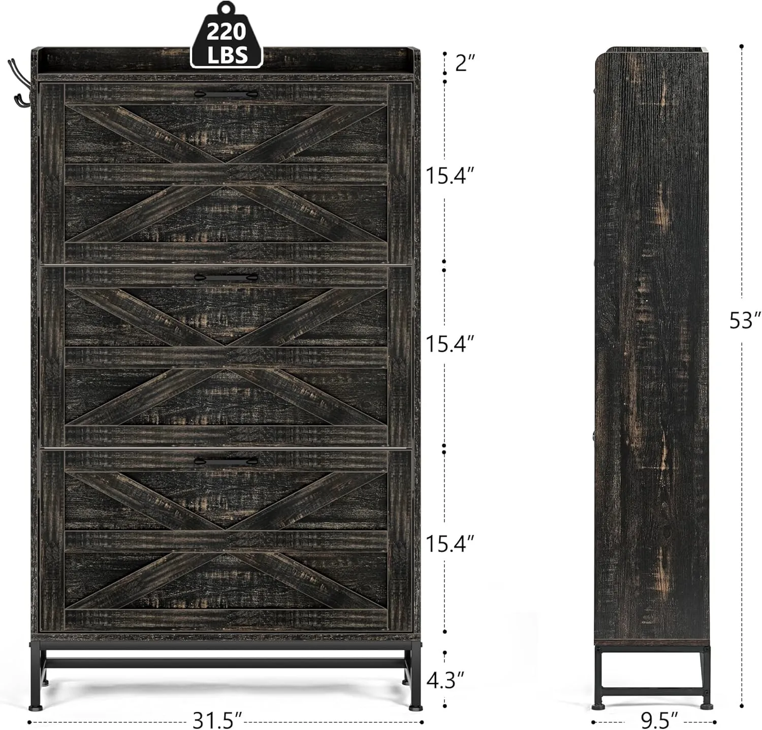 Vibe & Dine Farmhouse Shoe Storage Cabinet - Freestanding Narrow Shoe Rack with Metal Legs, Dark Rustic Oak