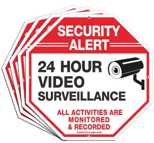 Video Surveillance Sign, 4 Pack 10 x 10 Rust Free .040 Aluminum Security Warning Reflective Metal Signs, Indoor or Outdoor Use for Home Business CCTV Security Camera, UV Protected & Waterproof