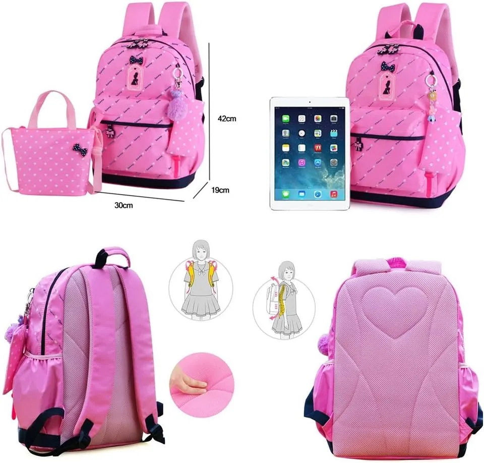 VIDOSCLA 3Pcs Heart Printing Backpack Sets Bowknot Primary Schoolbag Travel Daypack Shoulder Bag Girls Rucksack knapsack