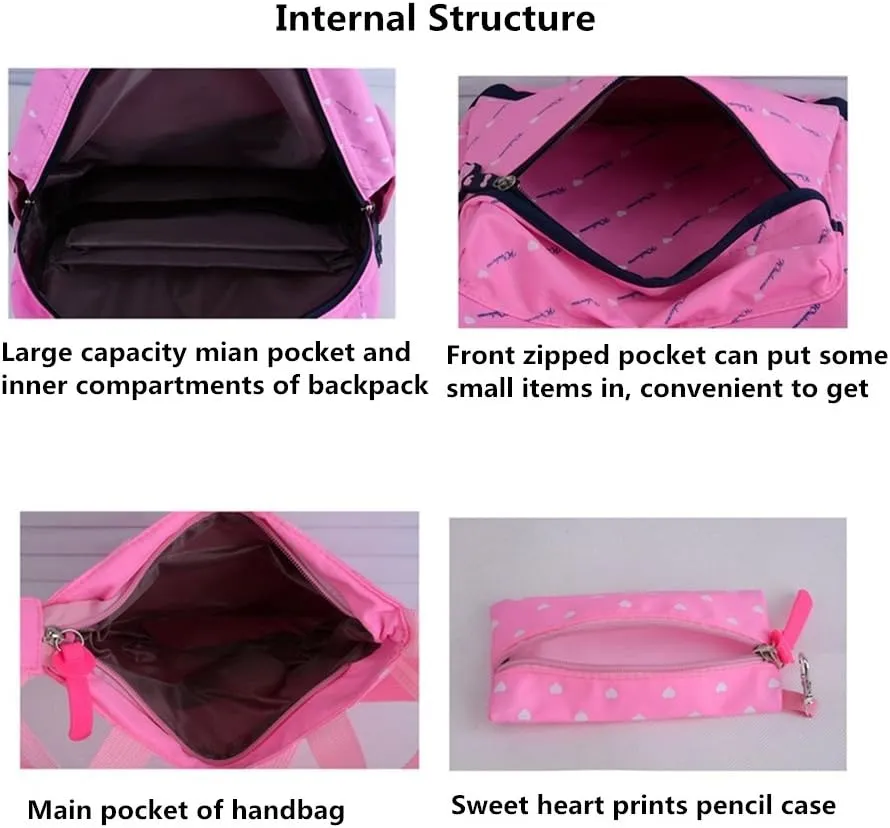 VIDOSCLA 3Pcs Heart Printing Backpack Sets Bowknot Primary Schoolbag Travel Daypack Shoulder Bag Girls Rucksack knapsack