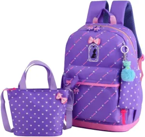 VIDOSCLA 3Pcs Heart Printing Backpack Sets Bowknot Primary Schoolbag Travel Daypack Shoulder Bag Girls Rucksack knapsack