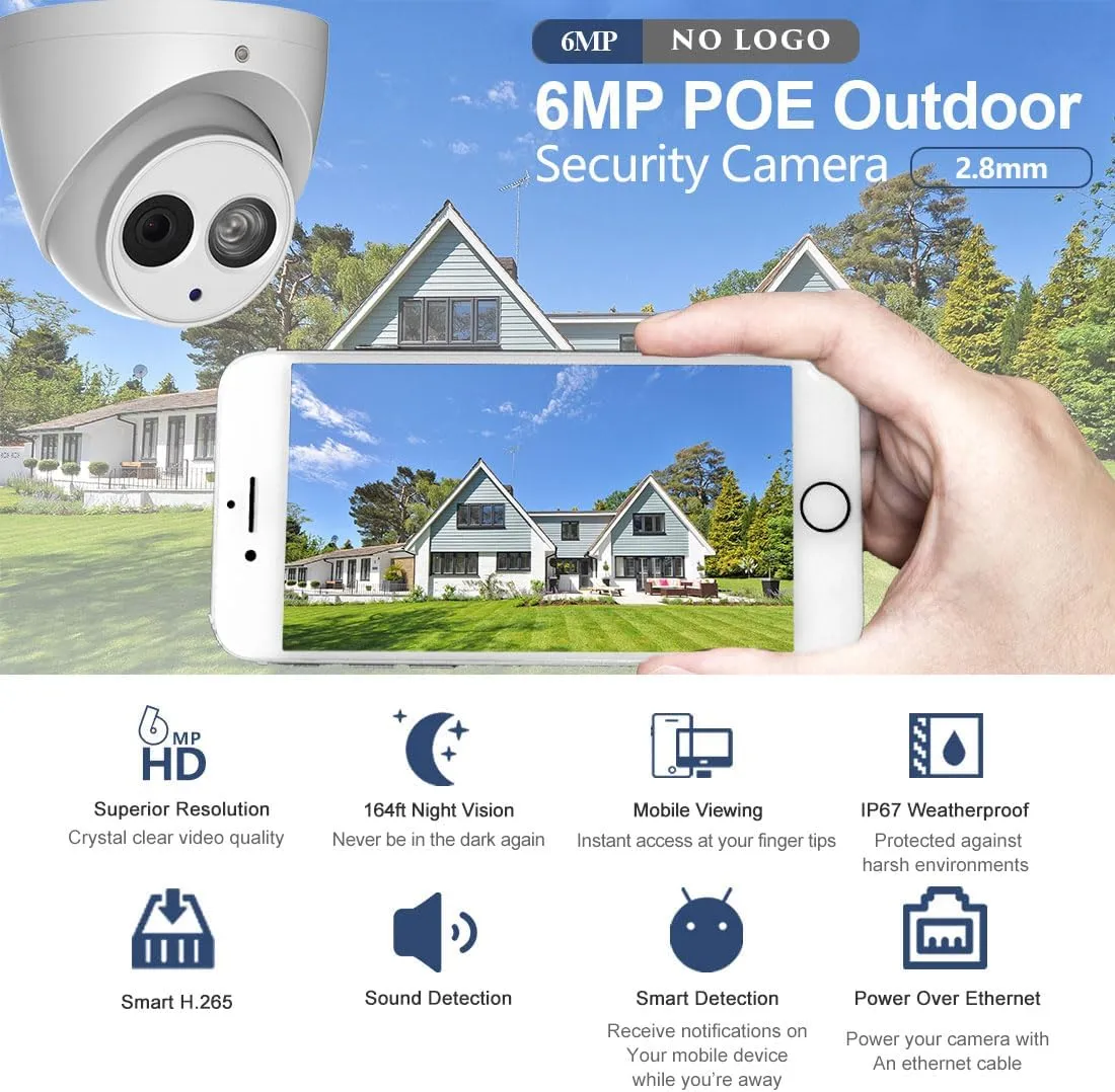 VIKYLIN 6MP IP PoE Security Camera with Mic/Audio,Outdoor Indoor Turret/Dome Surveillance Camera with 2.8mm Wide Angle 165Ft IR Night Vision,WDR,3D DNR,IP67 Waterproof,IVS Detection,DMSS/SmartPss Lite