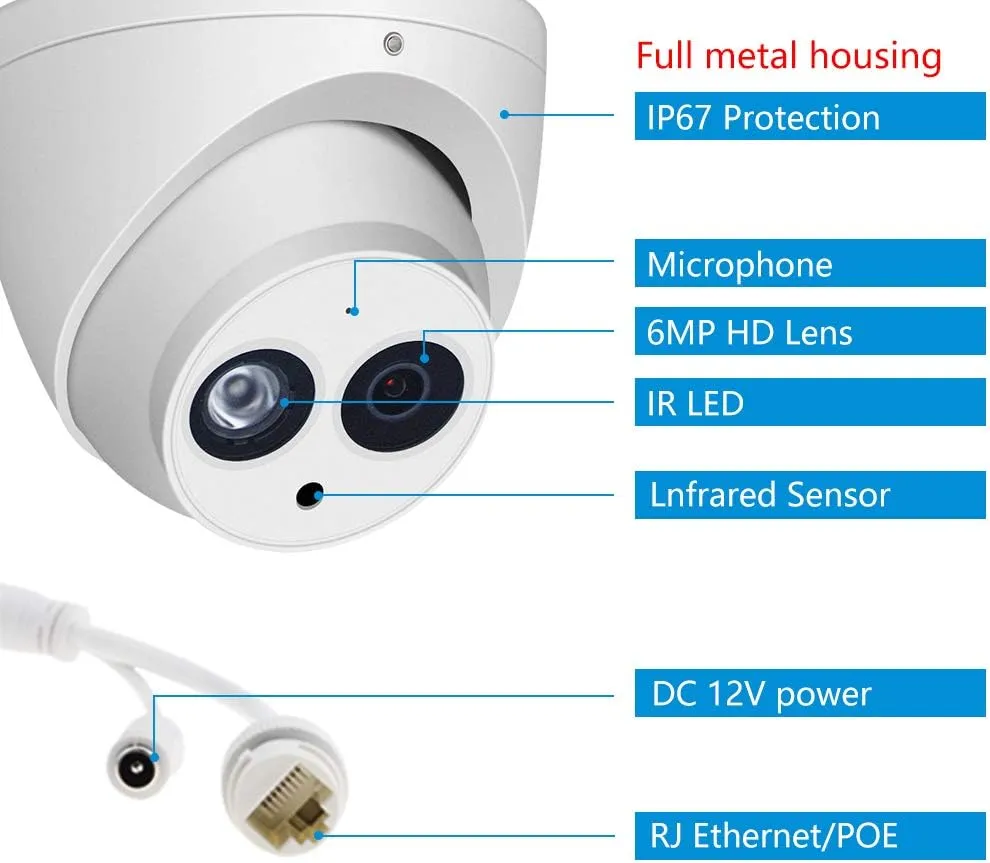 VIKYLIN 6MP IP PoE Security Camera with Mic/Audio,Outdoor Indoor Turret/Dome Surveillance Camera with 2.8mm Wide Angle 165Ft IR Night Vision,WDR,3D DNR,IP67 Waterproof,IVS Detection,DMSS/SmartPss Lite