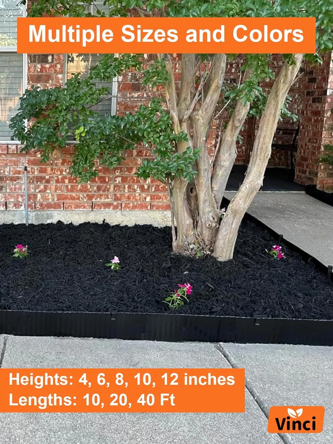 Vinci Garden Landscape Edging Border, 8 Inch x 20 FT Corrugated Sturdy Metal Easy Installation Safe Hemmed Lawn Garden Border Edges for DIY Flower Beds, Pathways and Patio Design (Black)