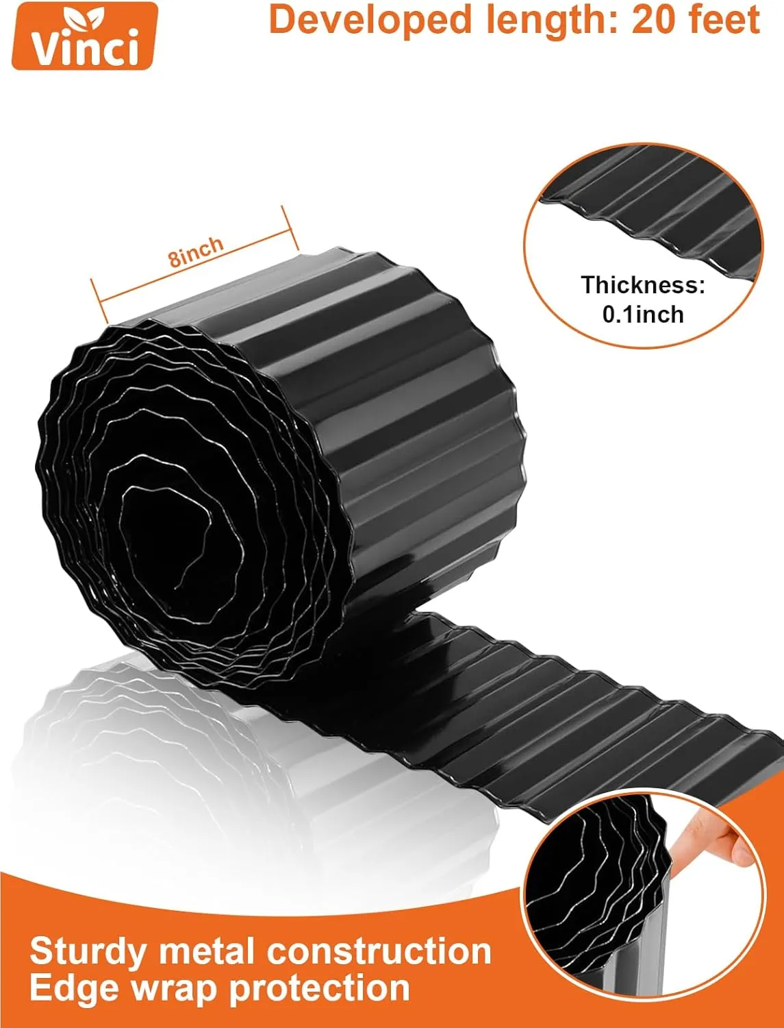 Vinci Garden Landscape Edging Border, 8 Inch x 20 FT Corrugated Sturdy Metal Easy Installation Safe Hemmed Lawn Garden Border Edges for DIY Flower Beds, Pathways and Patio Design (Black)