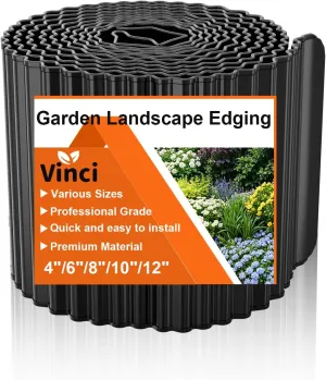Vinci Garden Landscape Edging Border, 8 Inch x 20 FT Corrugated Sturdy Metal Easy Installation Safe Hemmed Lawn Garden Border Edges for DIY Flower Beds, Pathways and Patio Design (Black)