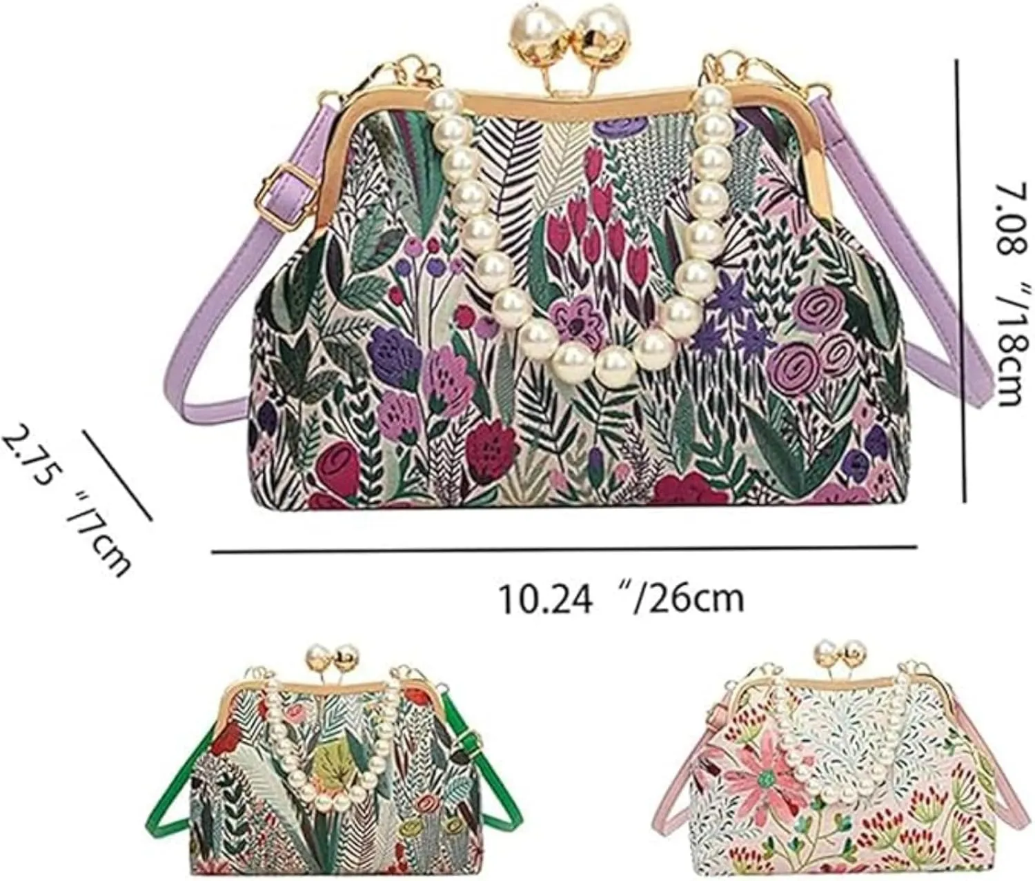 Vintage Embroidered Flower Handbag, Flower Embroidery Rustic Shoulder Bag, Kiss Lock Closure Bag for Women
