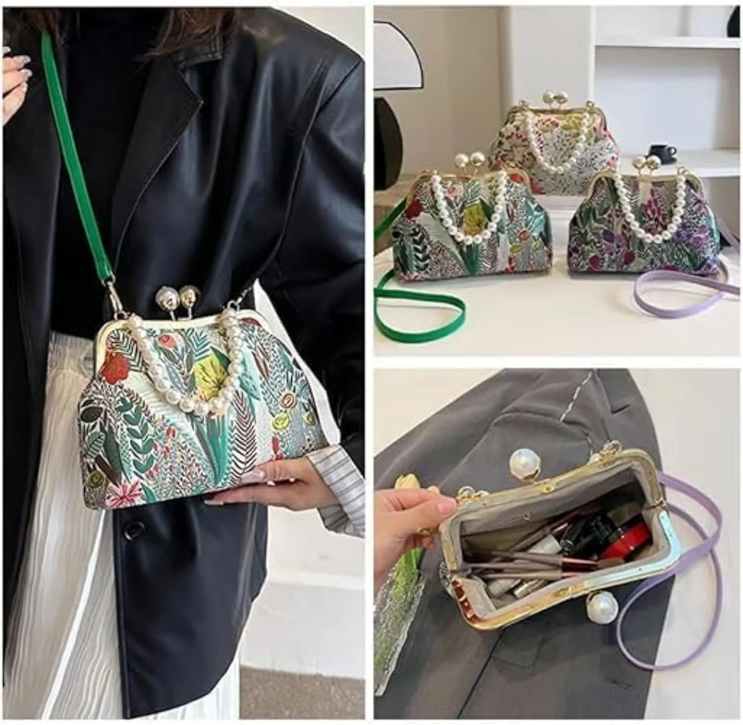 Vintage Embroidered Flower Handbag, Flower Embroidery Rustic Shoulder Bag, Kiss Lock Closure Bag for Women