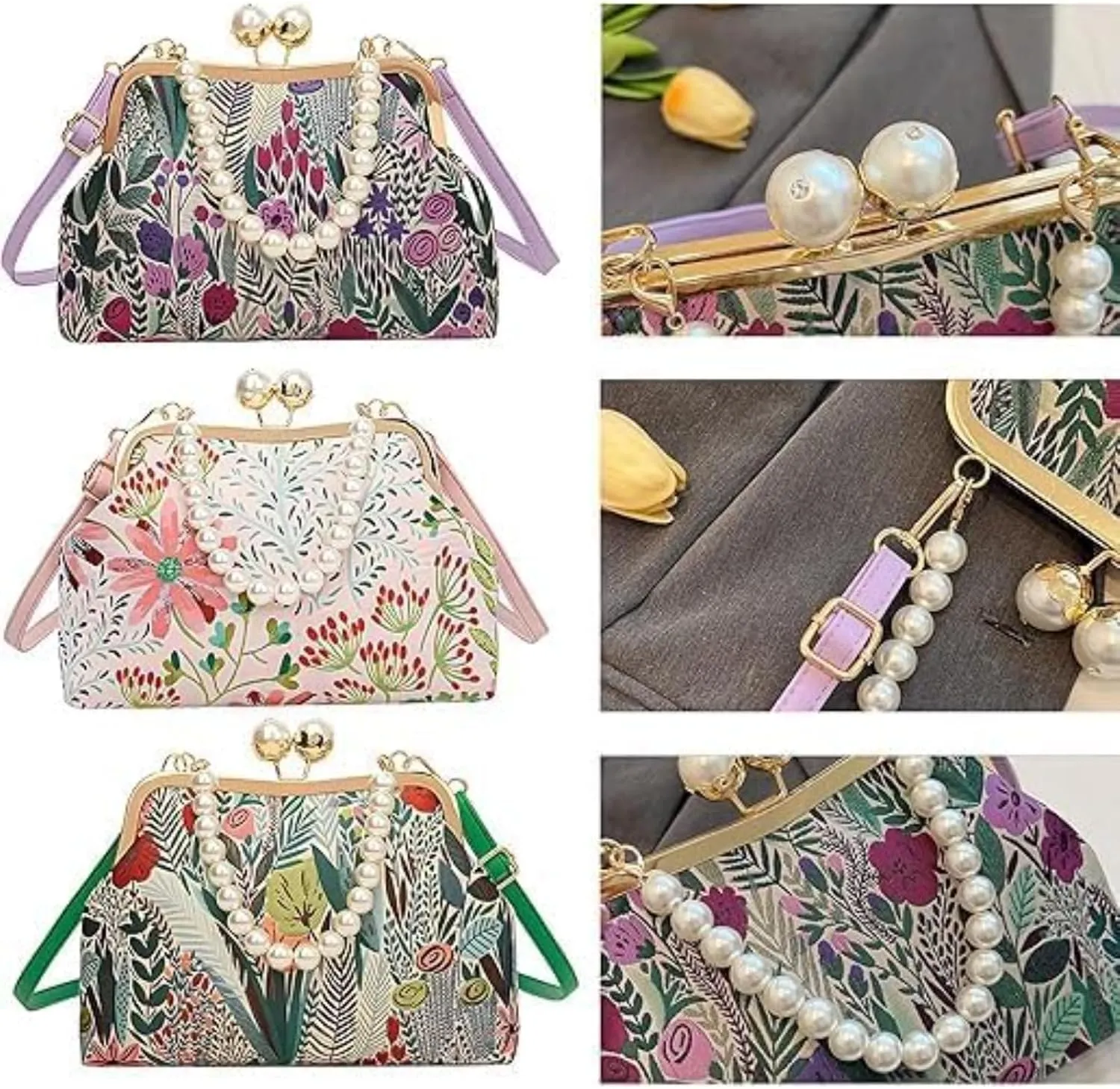 Vintage Embroidered Flower Handbag, Flower Embroidery Rustic Shoulder Bag, Kiss Lock Closure Bag for Women