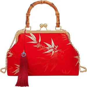Vintage Embroidered Flower Handbag, Flower Embroidery Rustic Shoulder Bag, Kiss Lock Closure Bag for Women