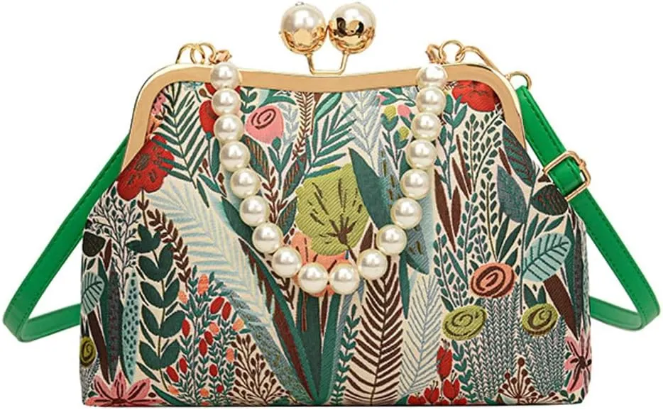 Vintage Embroidered Flower Handbag Retro Pearl Chain Crossbody Bag Clutch Kiss Lock Top Handle Shoulder Purse Wallet 2025