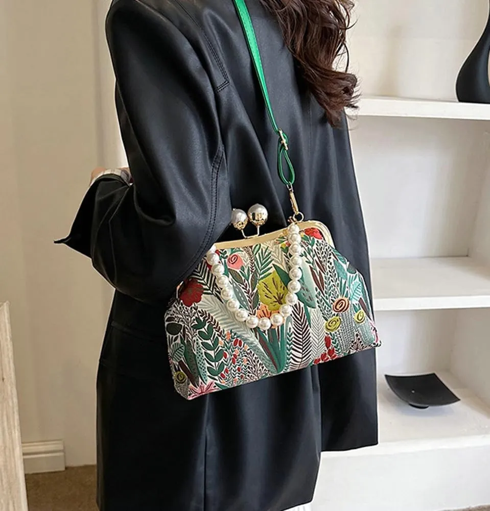 Vintage Embroidered Flower Handbag Retro Pearl Chain Crossbody Bag Clutch Kiss Lock Top Handle Shoulder Purse Wallet 2025
