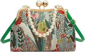 Vintage Embroidered Flower Handbag Retro Pearl Chain Crossbody Bag Clutch Kiss Lock Top Handle Shoulder Purse Wallet 2025