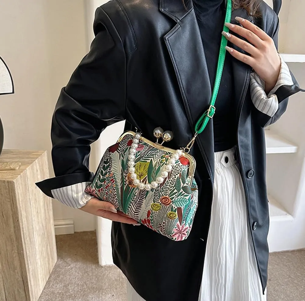 Vintage Embroidered Flower Handbag Retro Pearl Chain Crossbody Bag Clutch Kiss Lock Top Handle Shoulder Purse Wallet 2025