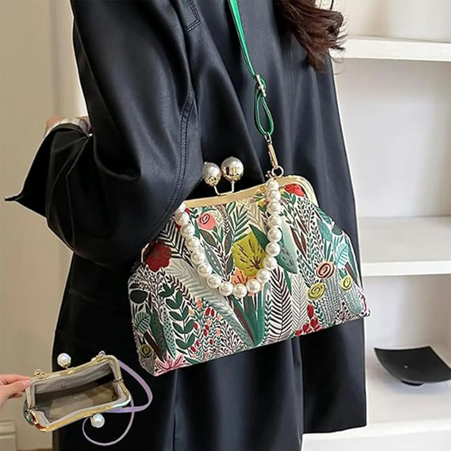 Vintage Embroidered Flower Handbag, Retro Pearl Chain Crossbody Bag with Kiss Lock Closure for Women