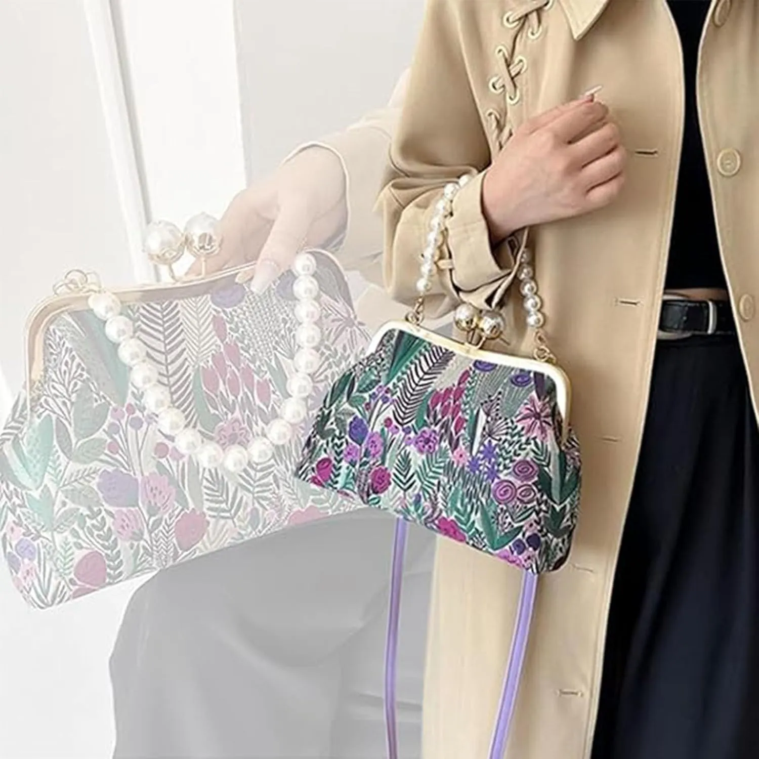 Vintage Embroidered Flower Handbag, Retro Pearl Chain Crossbody Bag with Kiss Lock Closure for Women
