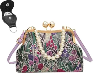 Vintage Embroidered Flower Handbag, Retro Pearl Chain Crossbody Bag with Kiss Lock Closure for Women