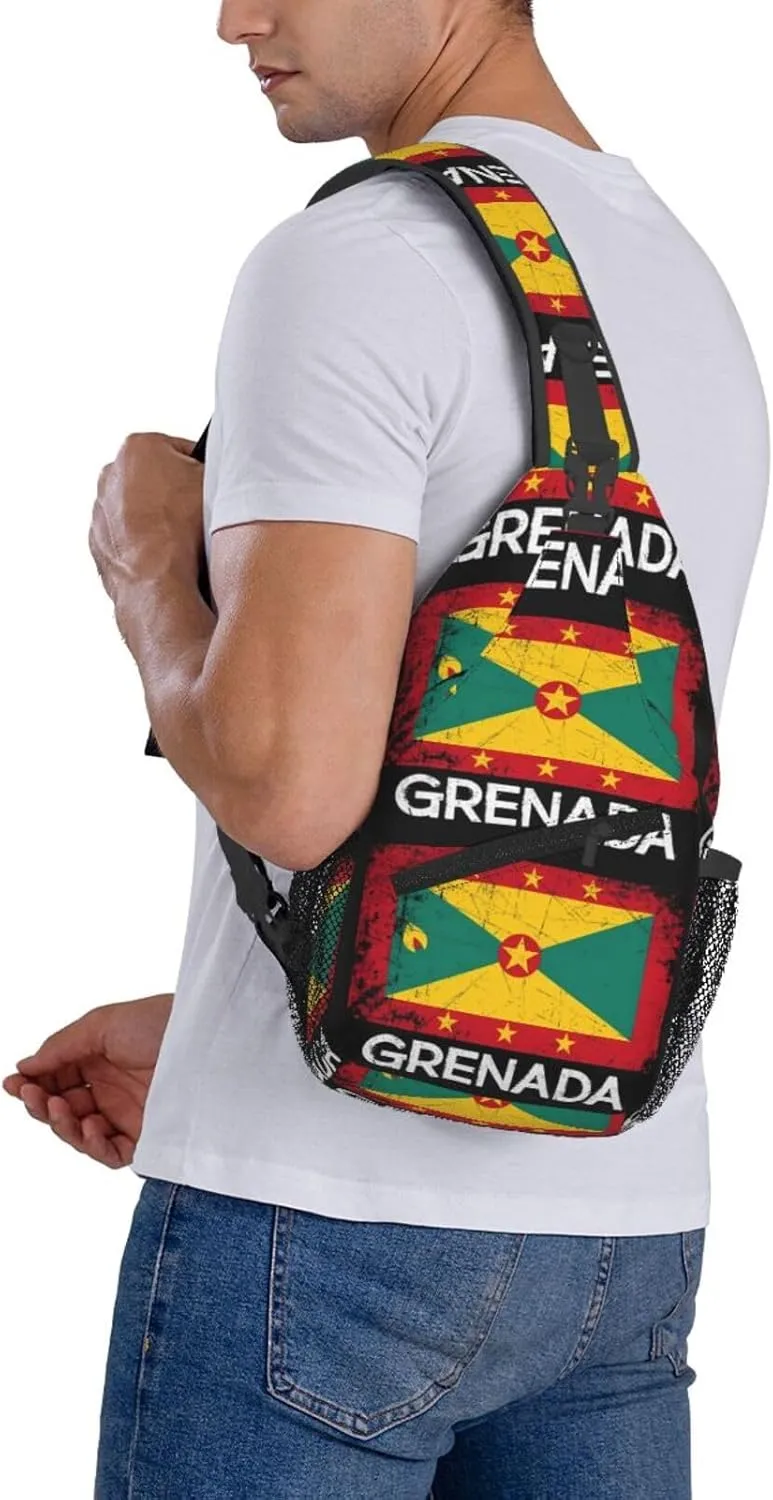 Vintage Grenadian Grenada Flag Crossbody Bag Cross Chest Bag Adjustable Sling Backpack Sports Gym Shoulder Bags Travel Cycling Daypack Diagonally Casual Rucksack
