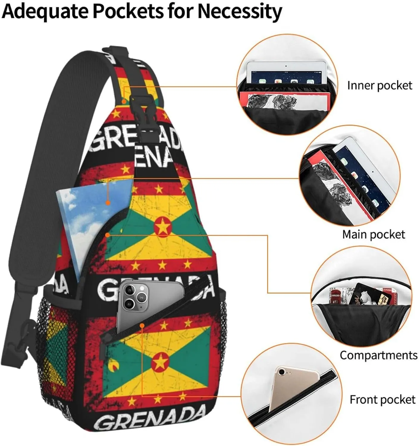 Vintage Grenadian Grenada Flag Crossbody Bag Cross Chest Bag Adjustable Sling Backpack Sports Gym Shoulder Bags Travel Cycling Daypack Diagonally Casual Rucksack