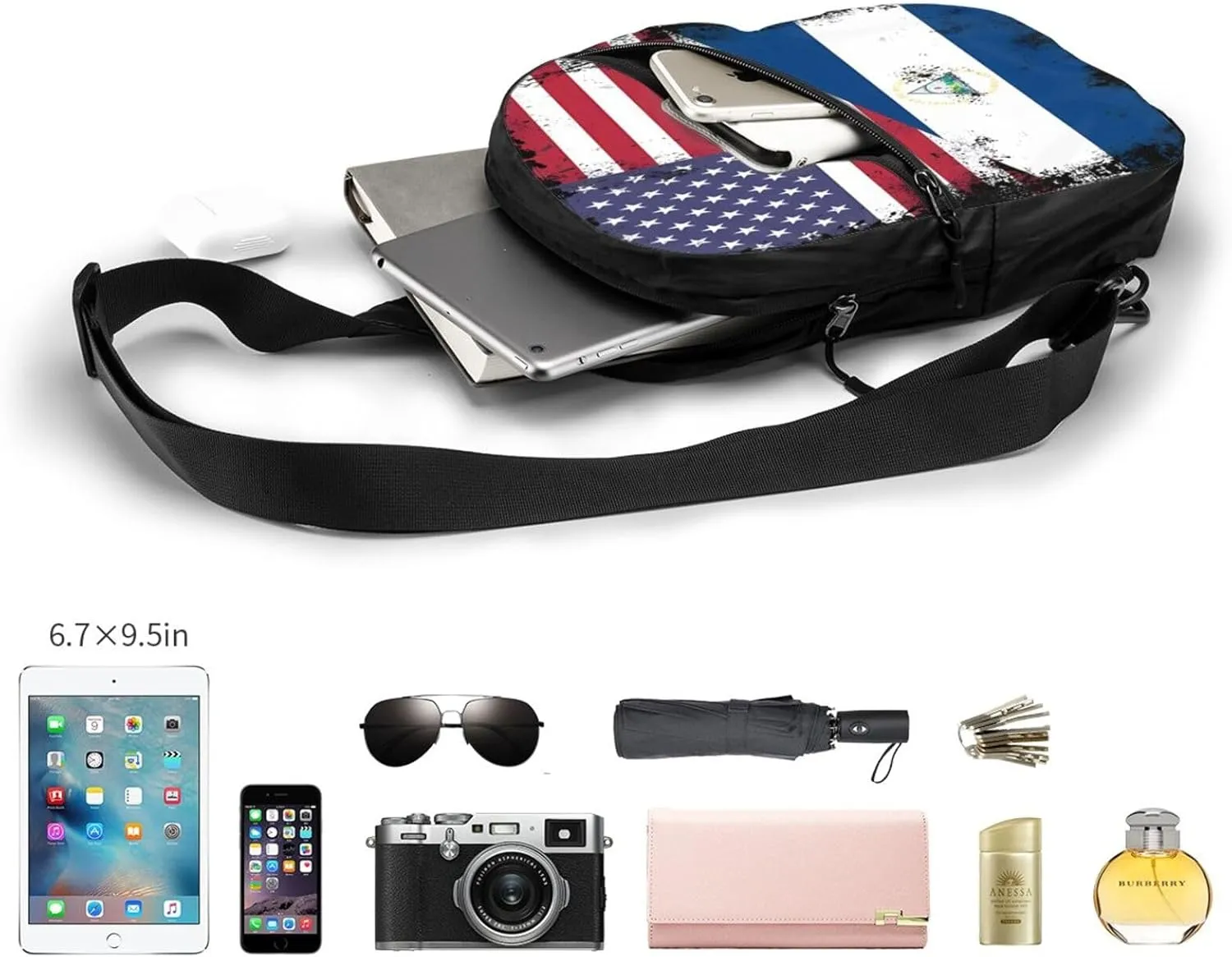 Vintage Half American Nicaraguan Flag Crossbody Bag Portable Sling Bags Foldable Chest Daypack Reusable Sports Shoulder Backpack Diagonally Casual Rucksack Travel Bag