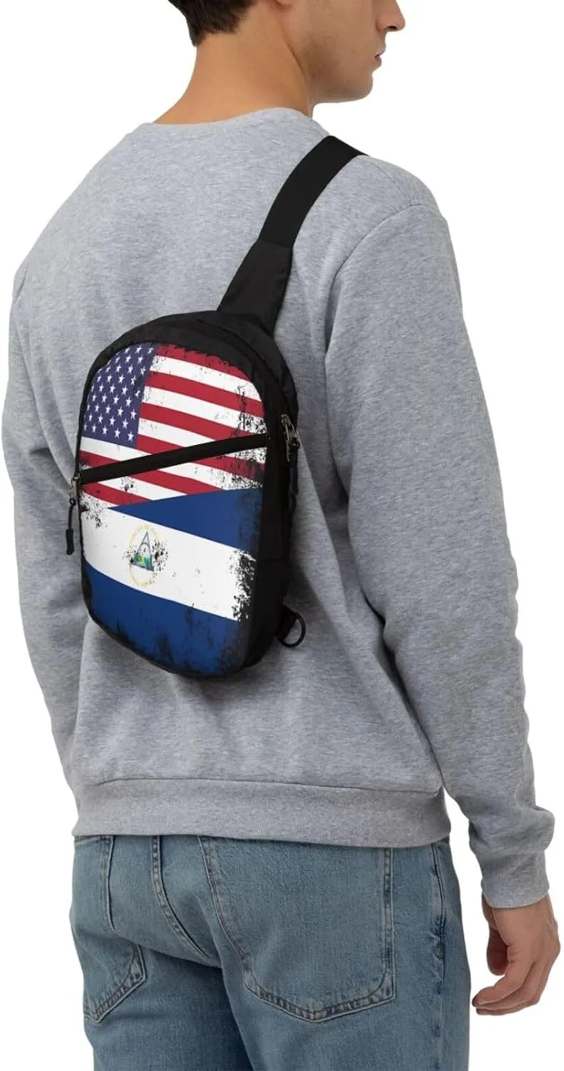 Vintage Half American Nicaraguan Flag Crossbody Bag Portable Sling Bags Foldable Chest Daypack Reusable Sports Shoulder Backpack Diagonally Casual Rucksack Travel Bag