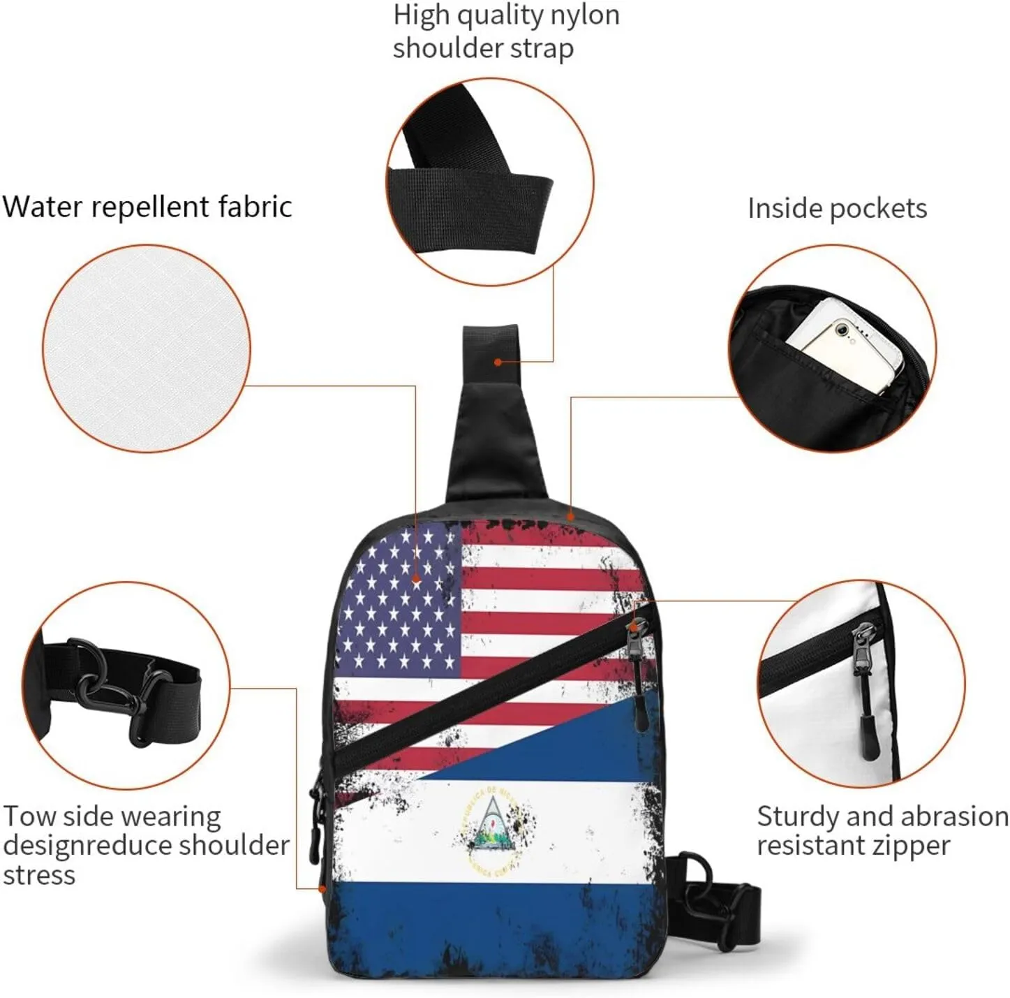 Vintage Half American Nicaraguan Flag Crossbody Bag Portable Sling Bags Foldable Chest Daypack Reusable Sports Shoulder Backpack Diagonally Casual Rucksack Travel Bag