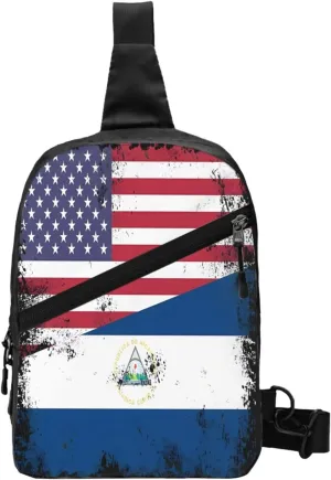 Vintage Half American Nicaraguan Flag Crossbody Bag Portable Sling Bags Foldable Chest Daypack Reusable Sports Shoulder Backpack Diagonally Casual Rucksack Travel Bag