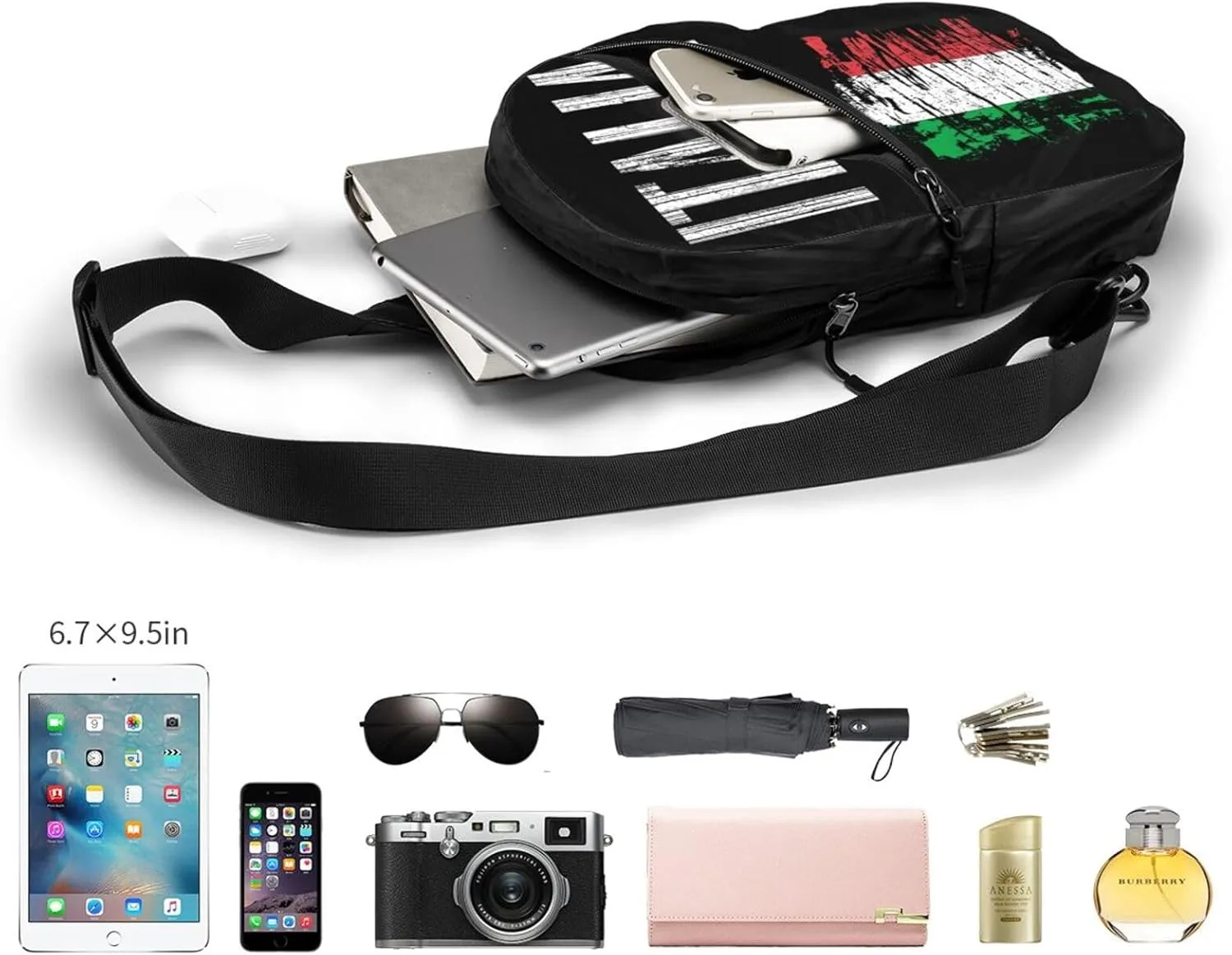 Vintage Italia Italy Italian Flag Crossbody Bag Portable Sling Bags Foldable Chest Daypack Reusable Sports Shoulder Backpack Diagonally Casual Rucksack Travel Bag
