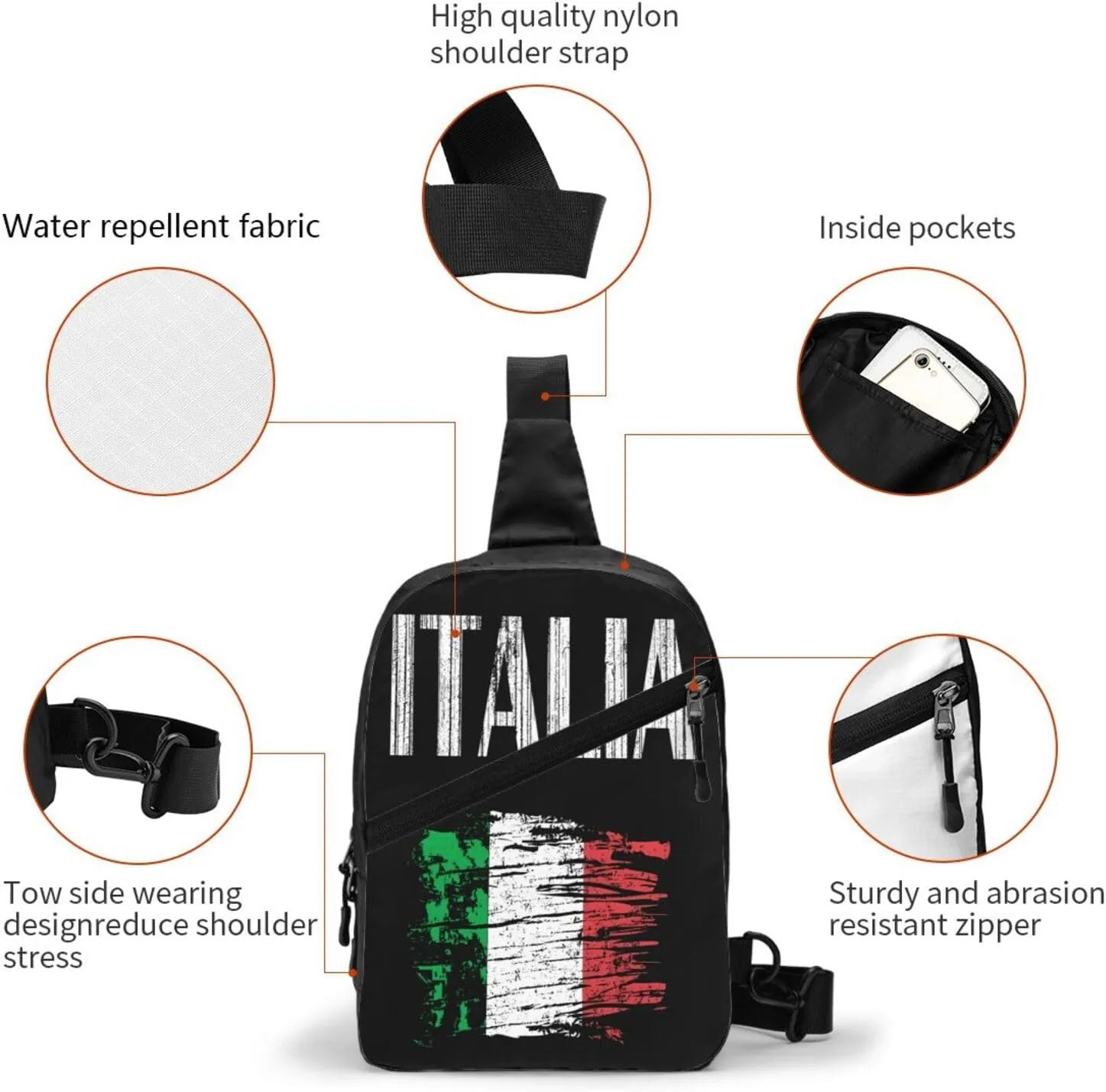 Vintage Italia Italy Italian Flag Crossbody Bag Portable Sling Bags Foldable Chest Daypack Reusable Sports Shoulder Backpack Diagonally Casual Rucksack Travel Bag