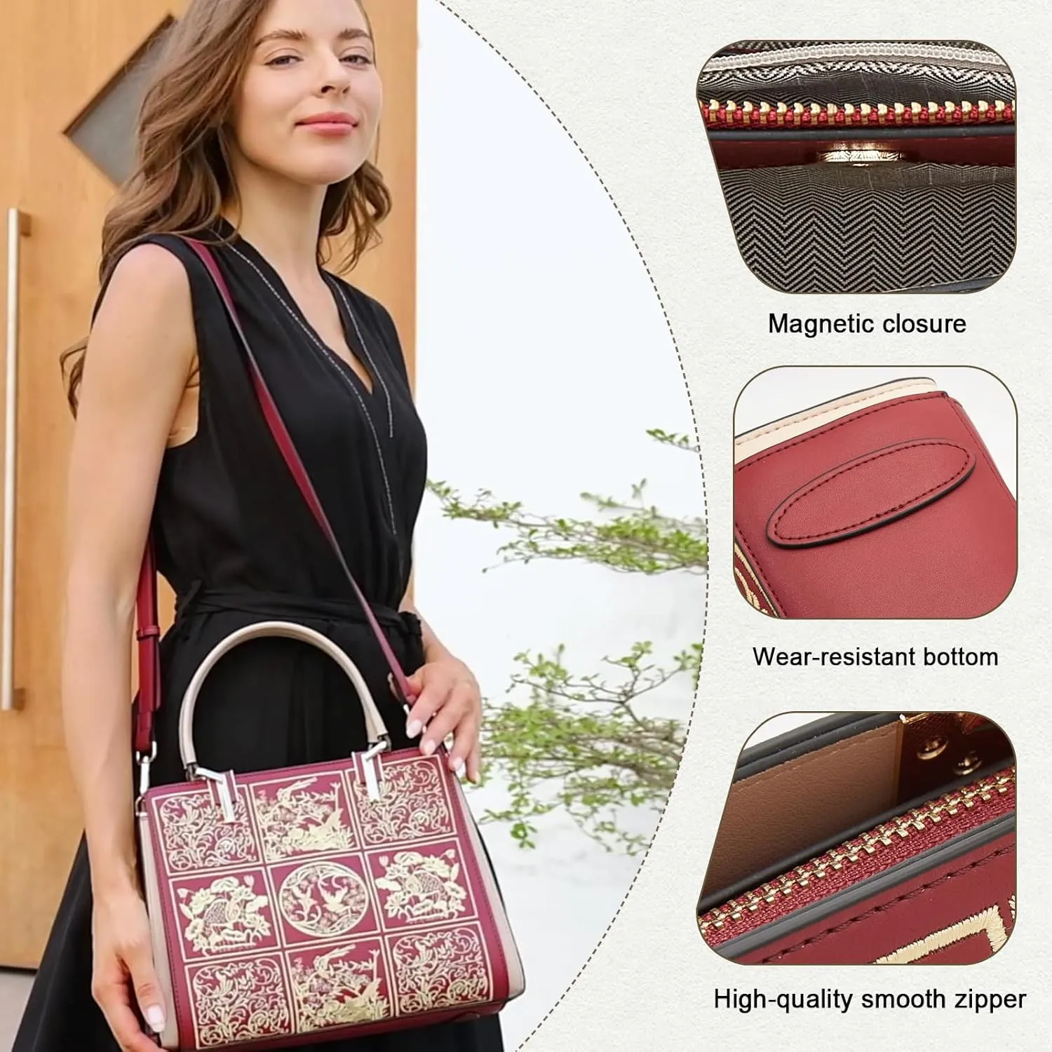 Vintage Leather Satchel Handbags for Women | Stylish Tote Shoulder Bag | Embroidered Crossbody Purse | Top Handle Bag(Red)