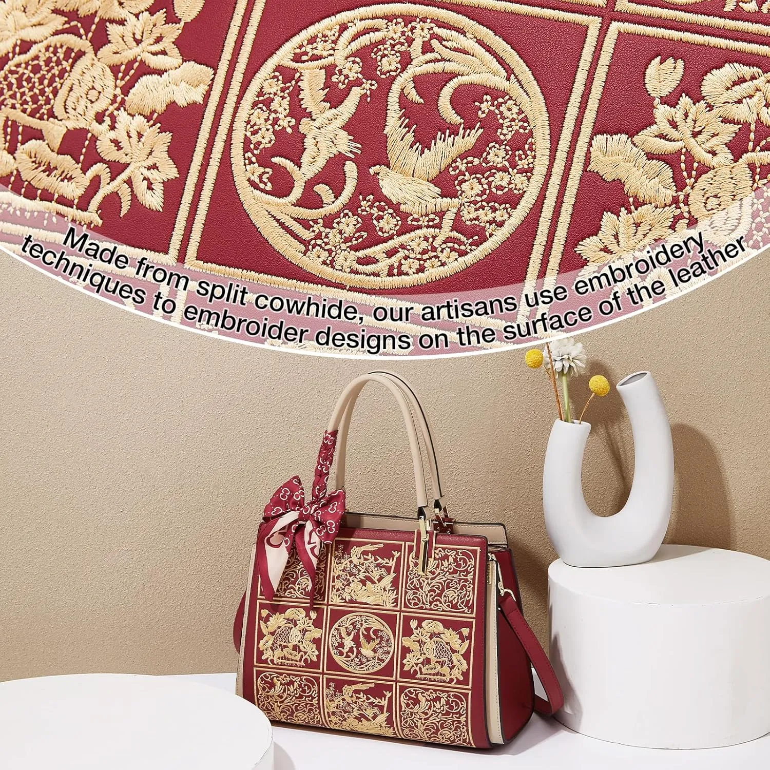 Vintage Leather Satchel Handbags for Women | Stylish Tote Shoulder Bag | Embroidered Crossbody Purse | Top Handle Bag(Red)
