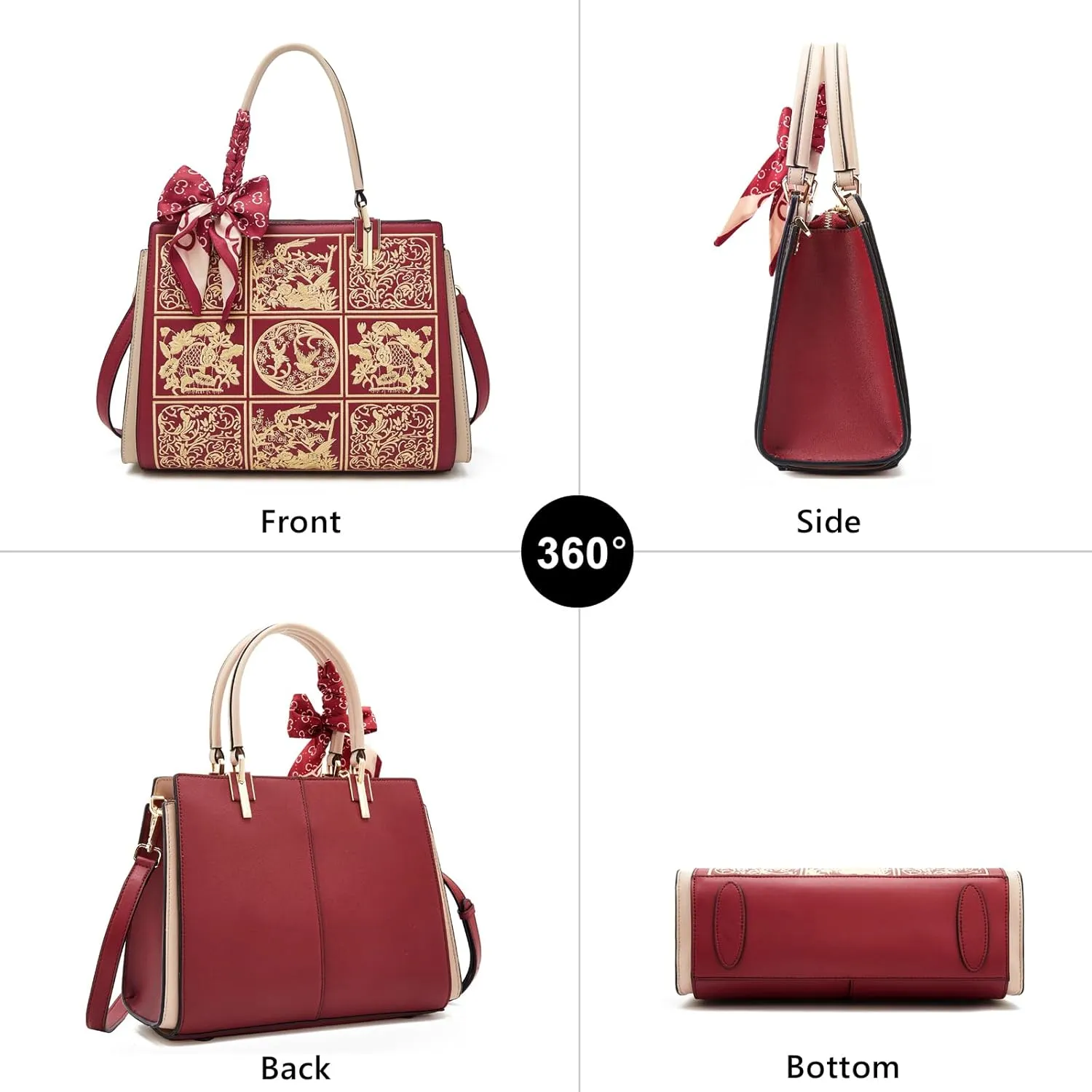 Vintage Leather Satchel Handbags for Women | Stylish Tote Shoulder Bag | Embroidered Crossbody Purse | Top Handle Bag(Red)
