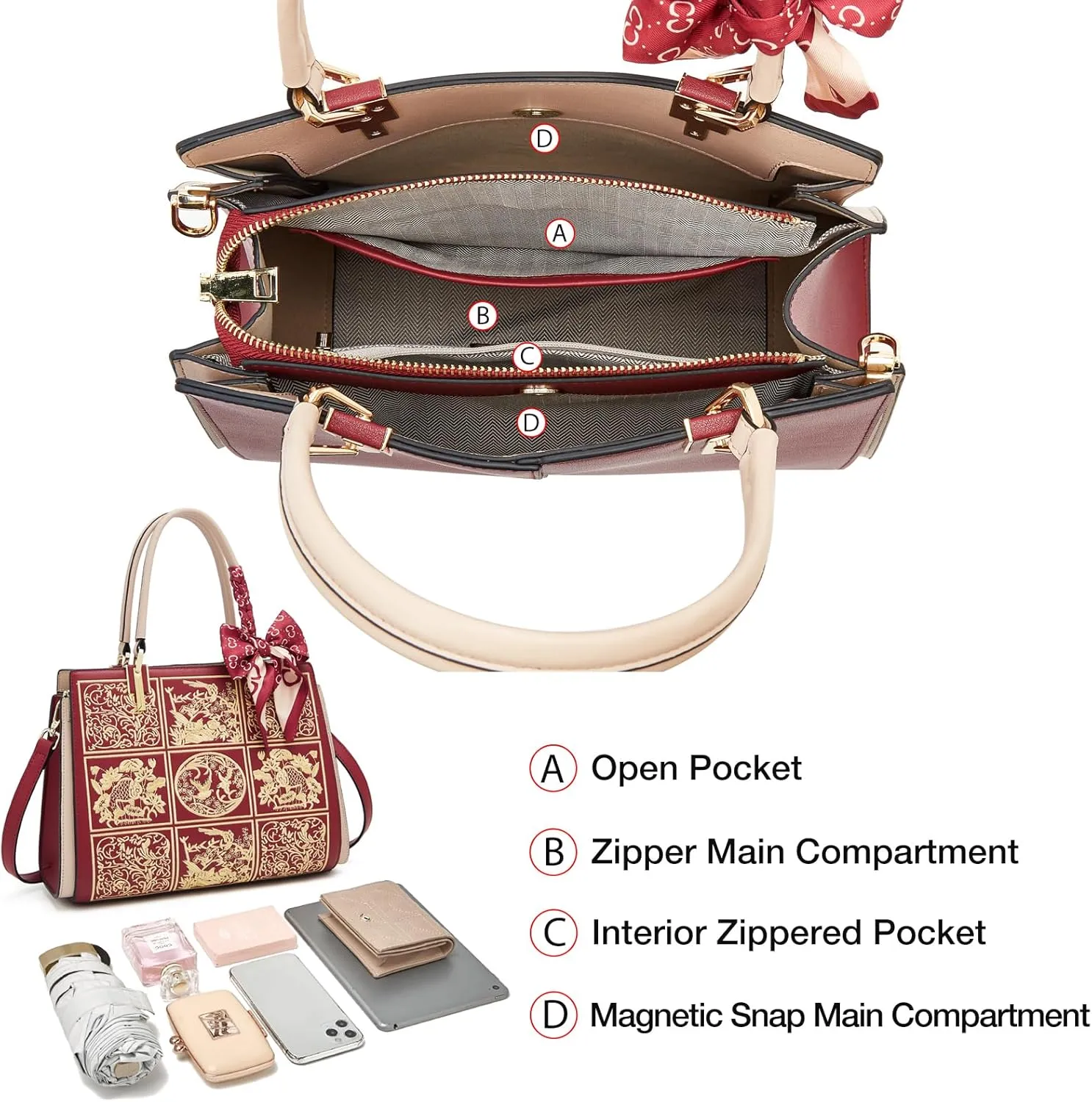 Vintage Leather Satchel Handbags for Women | Stylish Tote Shoulder Bag | Embroidered Crossbody Purse | Top Handle Bag(Red)