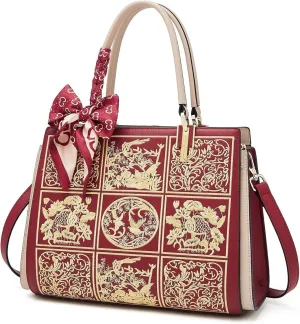 Vintage Leather Satchel Handbags for Women | Stylish Tote Shoulder Bag | Embroidered Crossbody Purse | Top Handle Bag(Red)