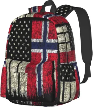 Vintage Norwegian American Flag Laptop Commuter Backpack Shoulder Bag Casual Back Pack Daypack Bags With Side Pockets For Work Travel Daily Use