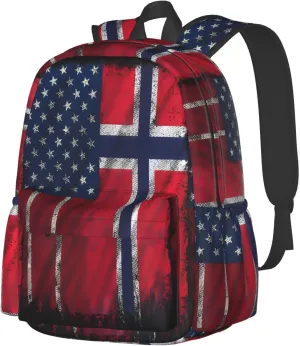 Vintage Norwegian Norway American Flag Laptop Commuter Backpack Shoulder Bag Casual Back Pack Daypack Bags With Side Pockets For Work Travel Daily Use