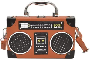 Vintage Radio Recorder Clutch Handbag Leather Top Metal Handle Crossbody Small Box Bag Shoulder Bag