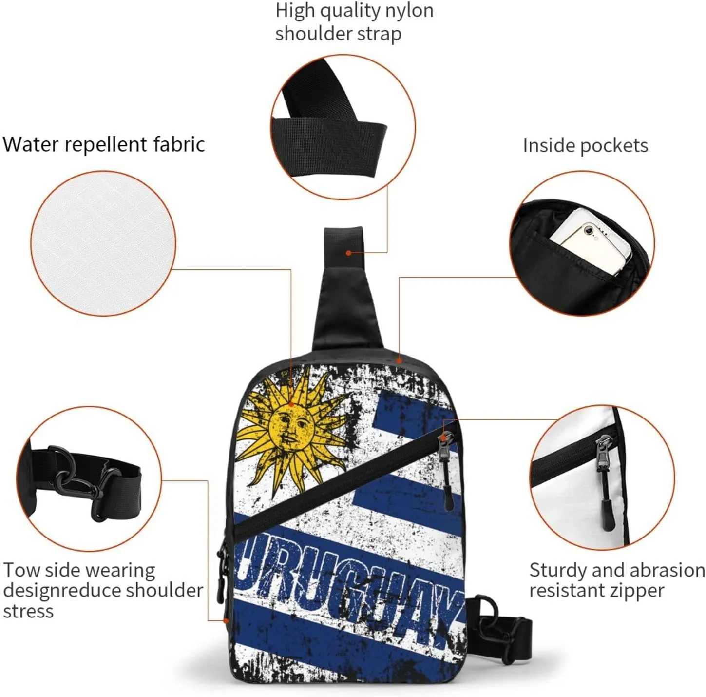 Vintage Uruguay Uruguayan Flag Crossbody Bag Portable Sling Bags Foldable Chest Daypack Reusable Sports Shoulder Backpack Diagonally Casual Rucksack Travel Bag