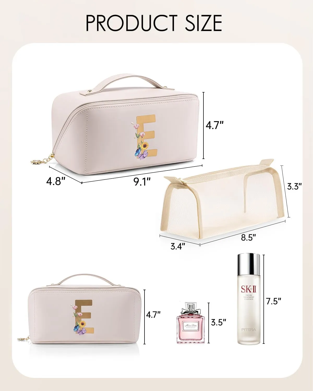 Vlando Graduation Gifts,Teacher Appreciation Gifts,Initial Makeup Bag with Zipper,Personalized Bridesmaid Gifts Valentines Day Gifts for Her Preppy Travel Stuff for Girls (Letter E)