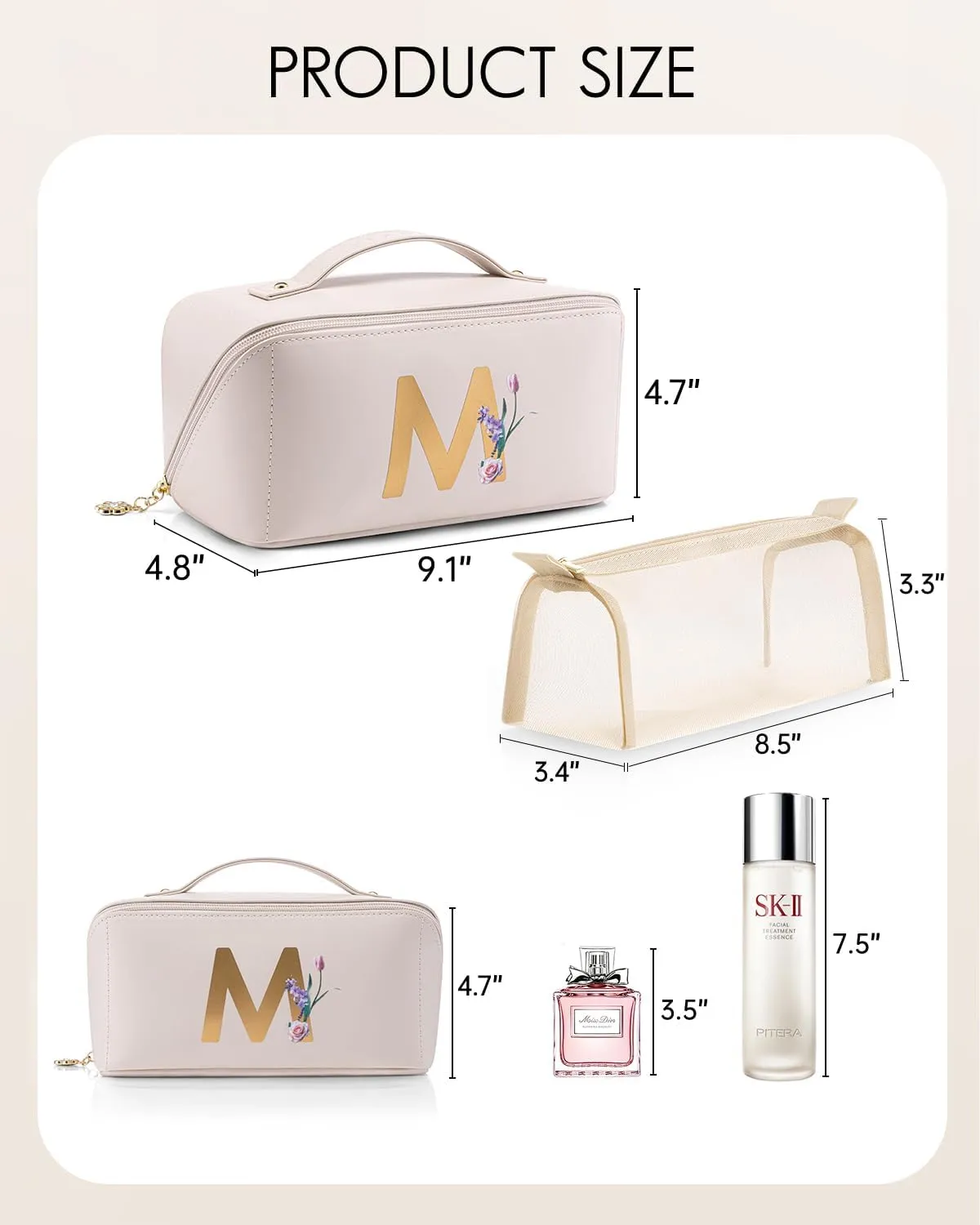 Vlando Mothers Day Gifts,Initial Makeup Bag,Travel Makeup Bag,Teacher Appreciation Gifts Birthday Gifts Bridesmaid Gifts Bride Wedding Gifts Graduation Gifts Valentine's Day Gift(Letter M)