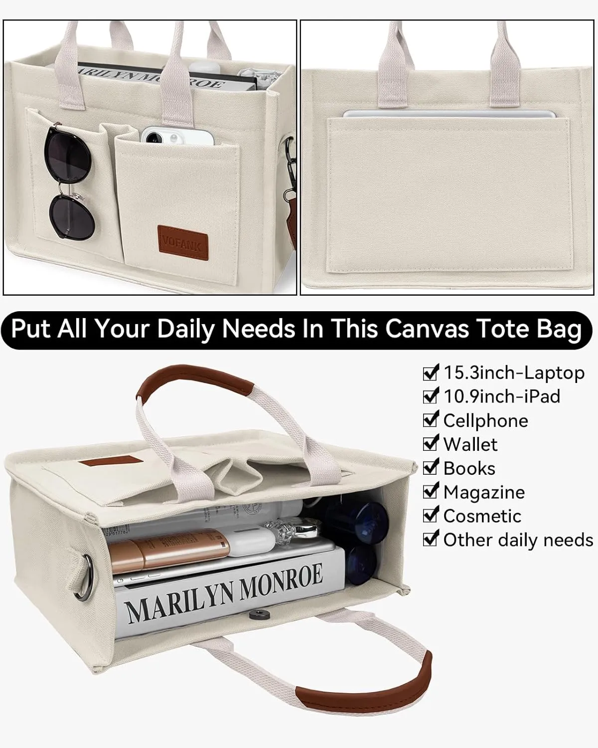 VOFANK Canvas Tote Bag for Women with Pockets Large Crossbody Bag Satchel Bag Handbag Everything Everyday Bag for Work Daily